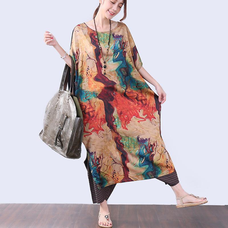 Irregular Slit Printing Elbow Sleeves Women Coffee Dress