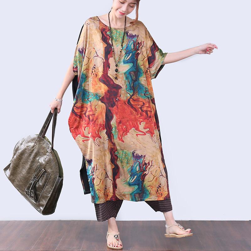 Irregular Slit Printing Elbow Sleeves Women Coffee Dress
