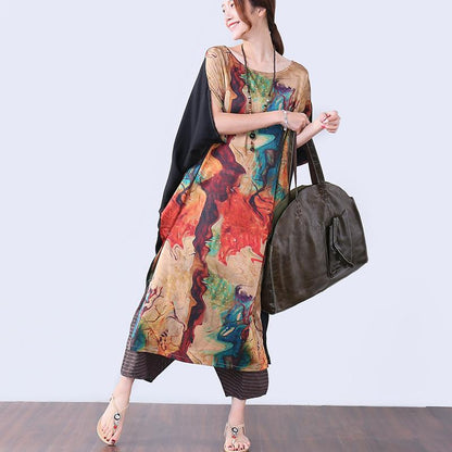 Irregular Slit Printing Elbow Sleeves Women Coffee Dress