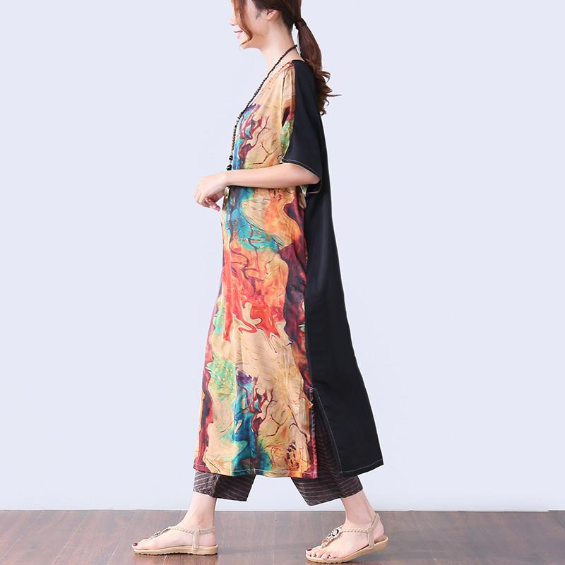 Irregular Slit Printing Elbow Sleeves Women Coffee Dress