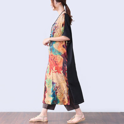 Irregular Slit Printing Elbow Sleeves Women Coffee Dress