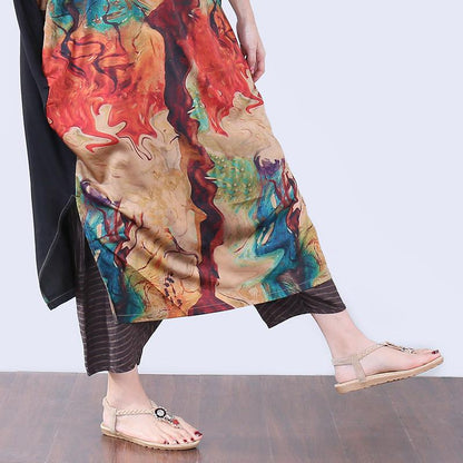 Irregular Slit Printing Elbow Sleeves Women Coffee Dress