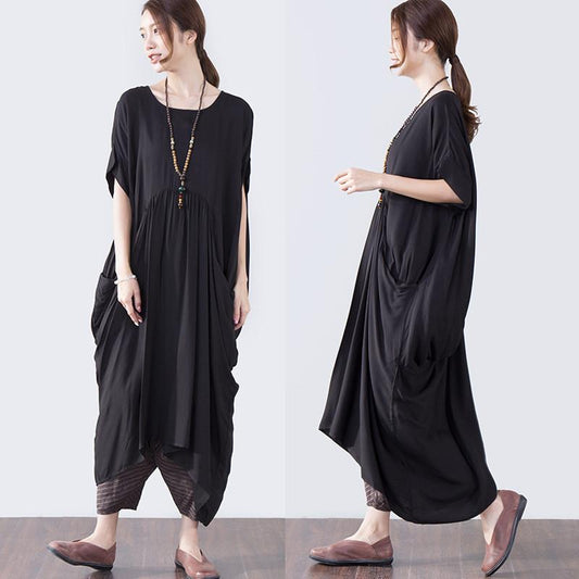 Summer Short Sleeves Pocket Women Black Dress