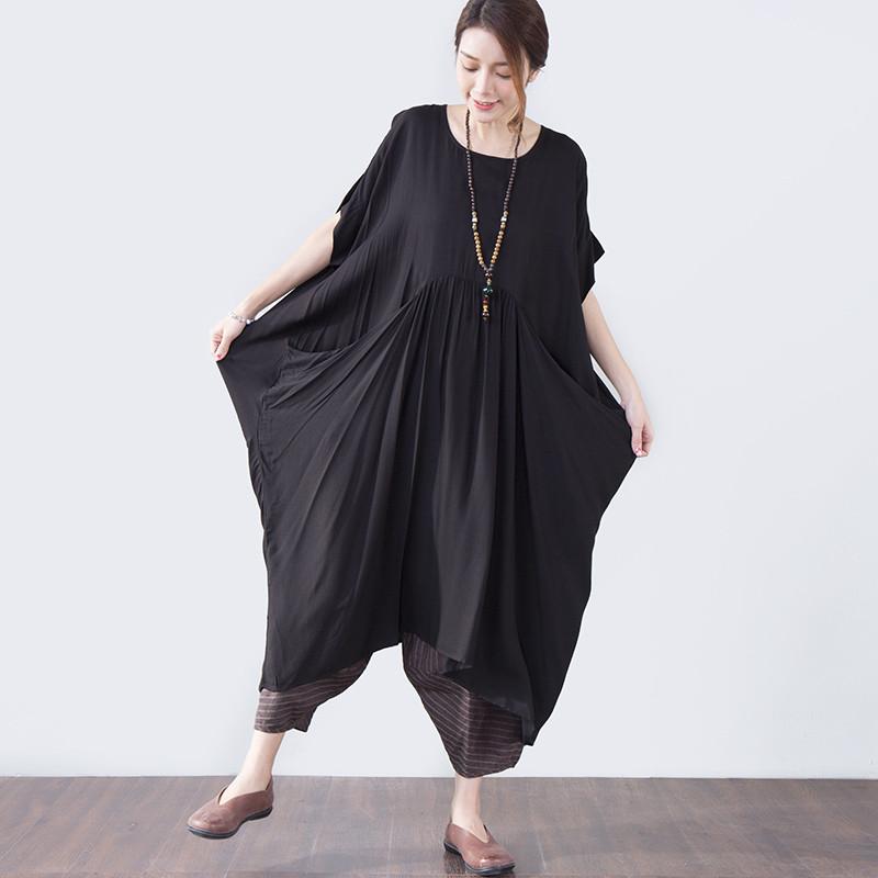 Summer Short Sleeves Pocket Women Black Dress