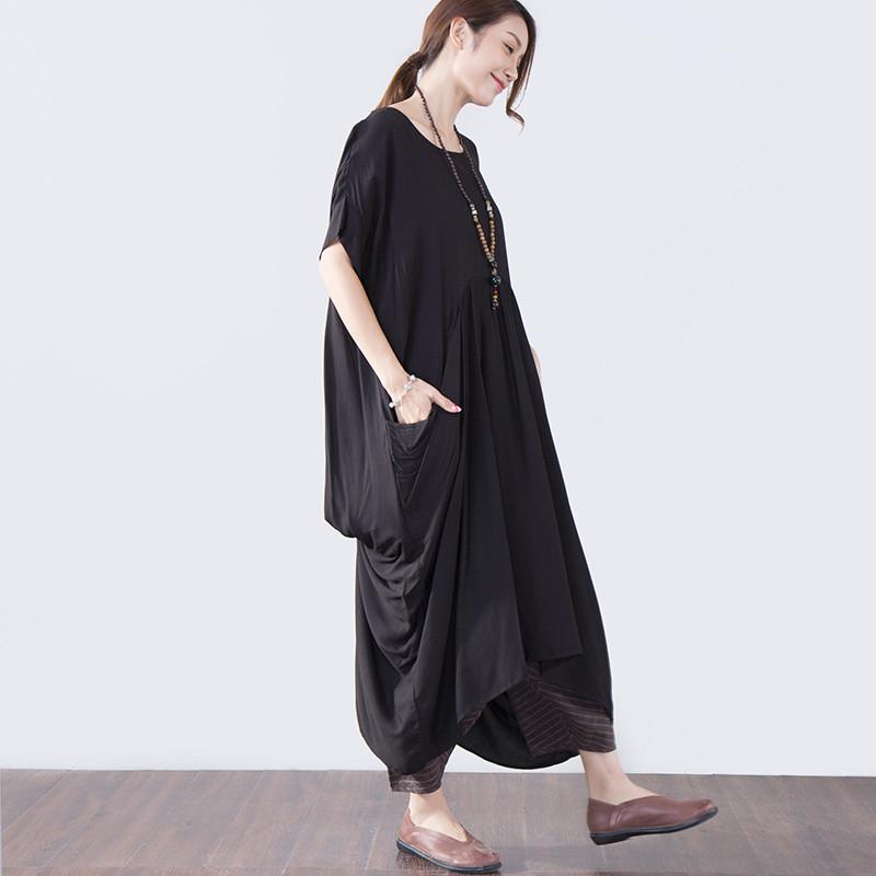 Summer Short Sleeves Pocket Women Black Dress