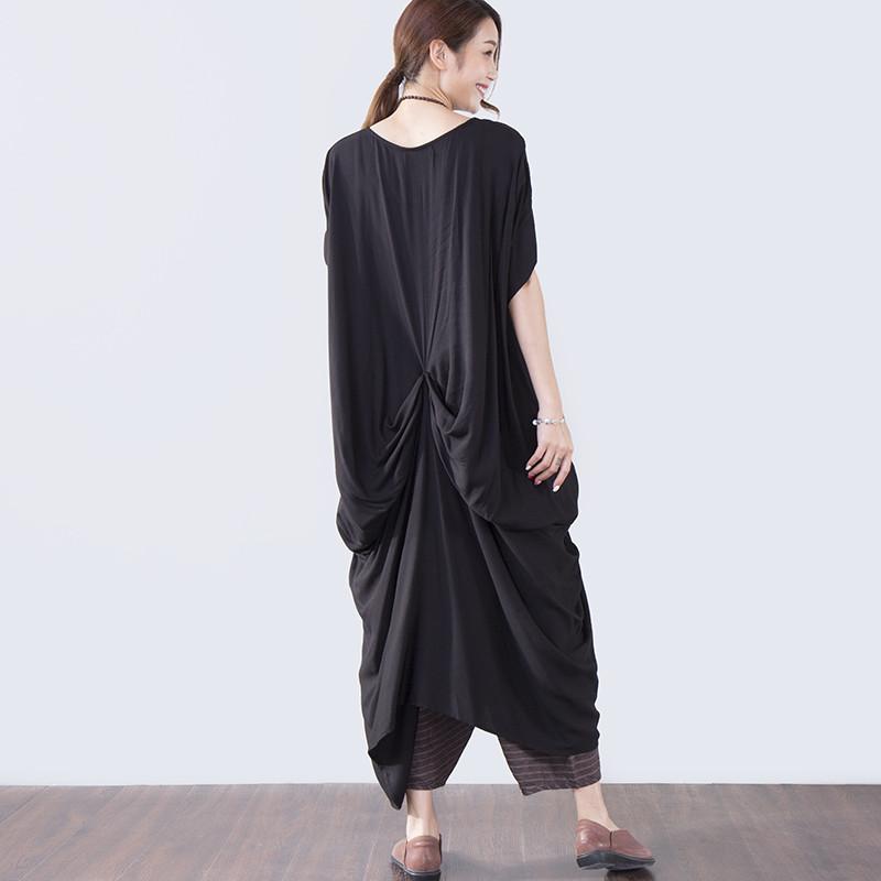 Summer Short Sleeves Pocket Women Black Dress