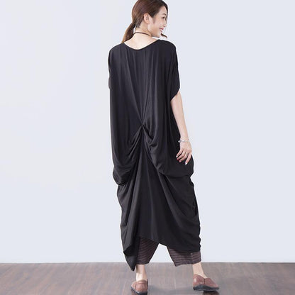 Summer Short Sleeves Pocket Women Black Dress