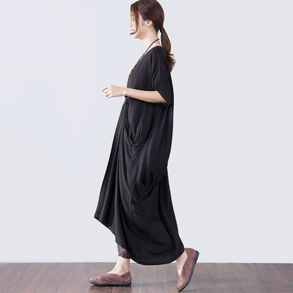 Summer Short Sleeves Pocket Women Black Dress