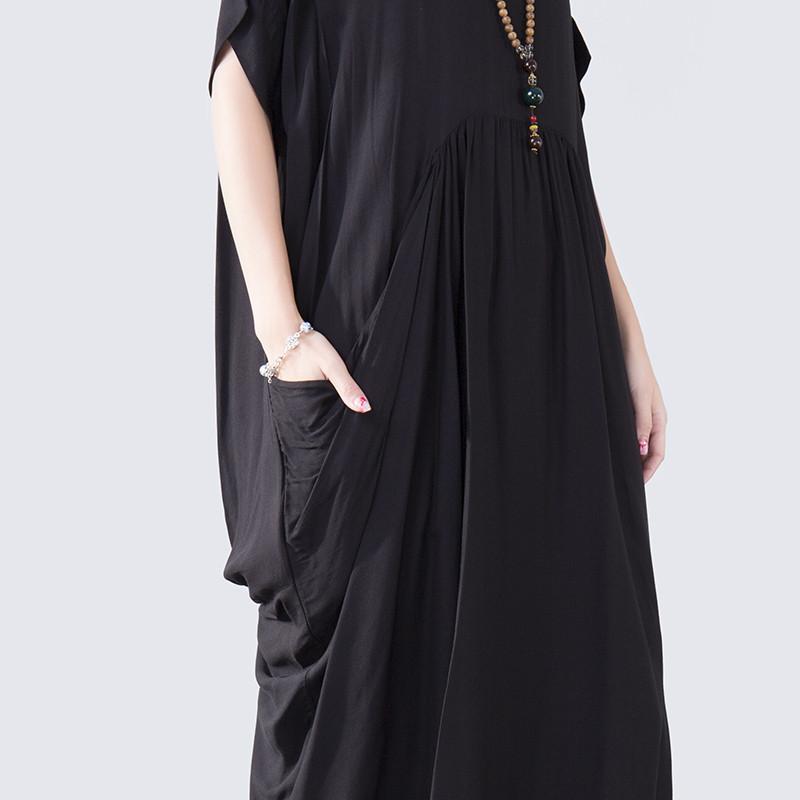 Summer Short Sleeves Pocket Women Black Dress