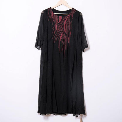 Women Embroidery Slit Black Linen Cotton Dress