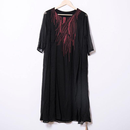 Women Embroidery Slit Black Linen Cotton Dress