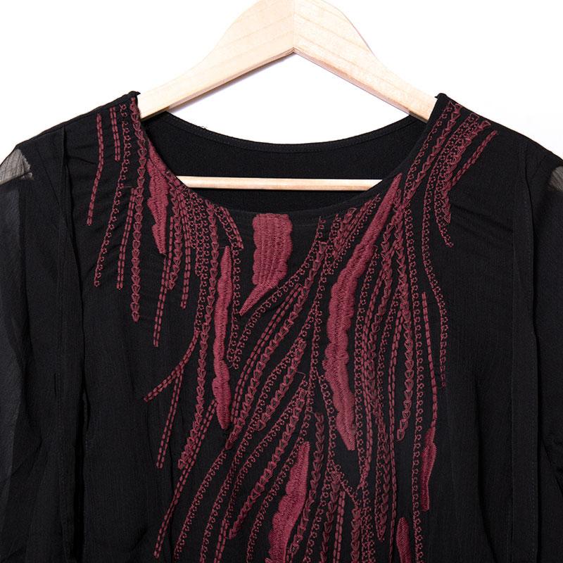 Women Embroidery Slit Black Linen Cotton Dress