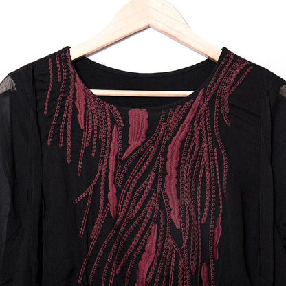 Women Embroidery Slit Black Linen Cotton Dress