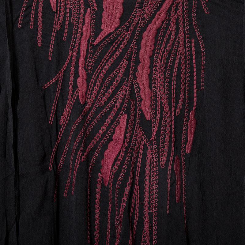 Women Embroidery Slit Black Linen Cotton Dress