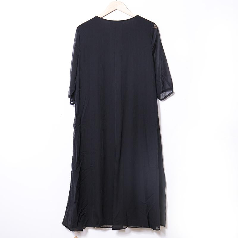 Women Embroidery Slit Black Linen Cotton Dress