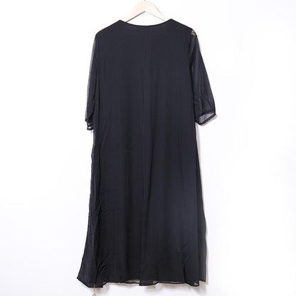 Women Embroidery Slit Black Linen Cotton Dress