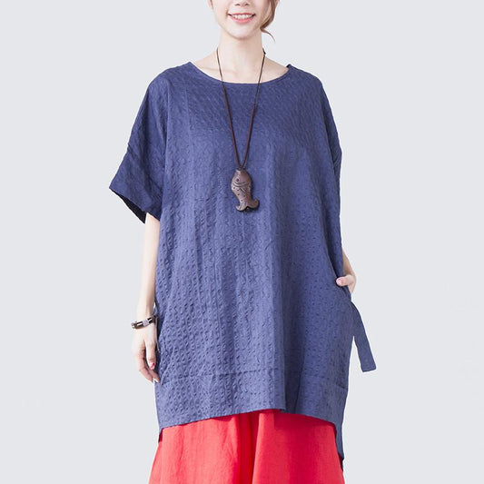 Women Lacing Loose Casual Short Sleeve Blue Shirt