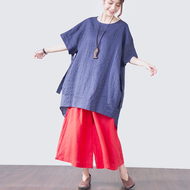 Women Lacing Loose Casual Short Sleeve Blue Shirt