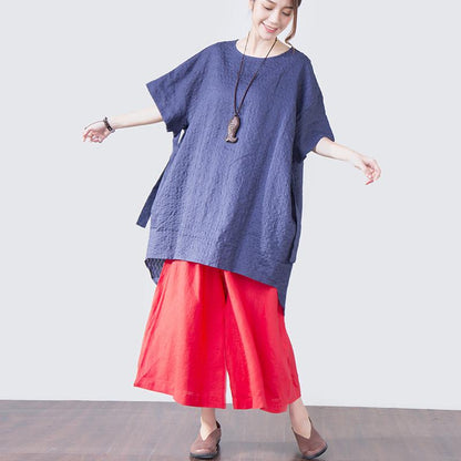 Women Lacing Loose Casual Short Sleeve Blue Shirt
