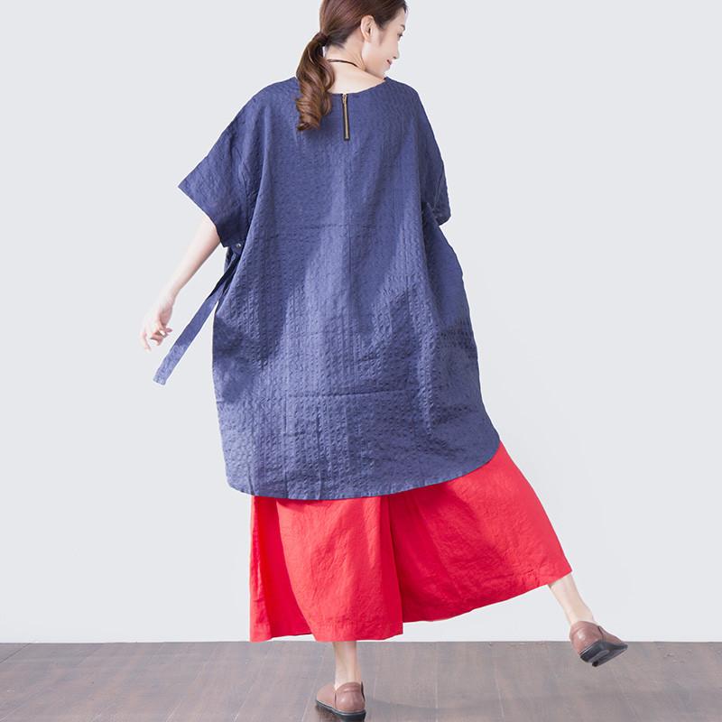 Women Lacing Loose Casual Short Sleeve Blue Shirt