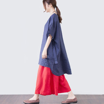 Women Lacing Loose Casual Short Sleeve Blue Shirt