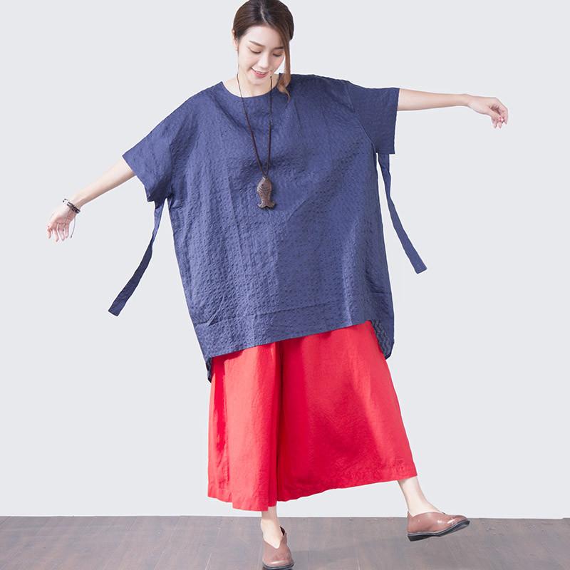 Women Lacing Loose Casual Short Sleeve Blue Shirt