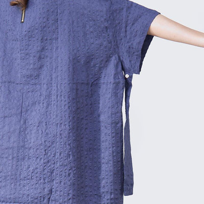 Women Lacing Loose Casual Short Sleeve Blue Shirt