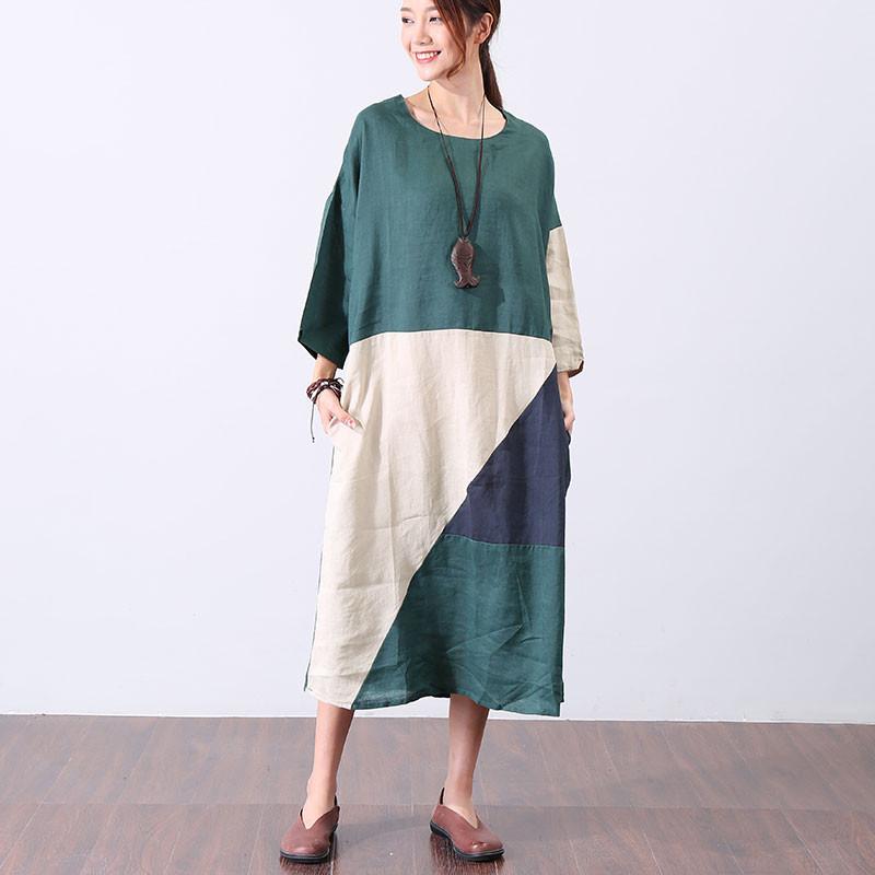 Women Casual Splicing Vintage Short Sleeve Green Dress