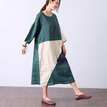 Women Casual Splicing Vintage Short Sleeve Green Dress