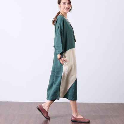 Women Casual Splicing Vintage Short Sleeve Green Dress