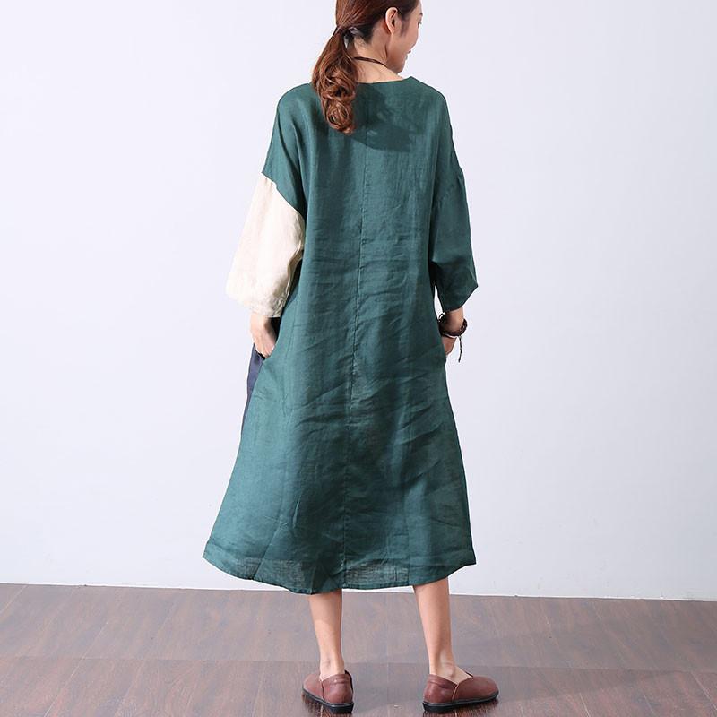 Women Casual Splicing Vintage Short Sleeve Green Dress