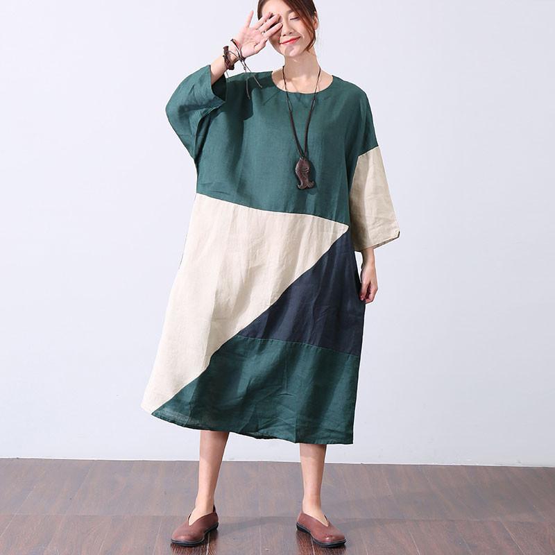 Women Casual Splicing Vintage Short Sleeve Green Dress