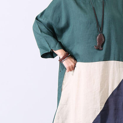 Women Casual Splicing Vintage Short Sleeve Green Dress