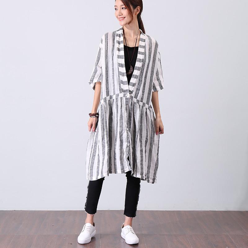Women Casual Loose Stripe Short Sleeve Gray Shirt