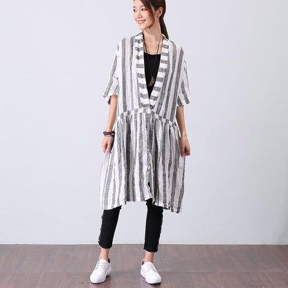 Women Casual Loose Stripe Short Sleeve Gray Shirt