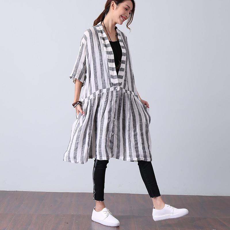 Women Casual Loose Stripe Short Sleeve Gray Shirt