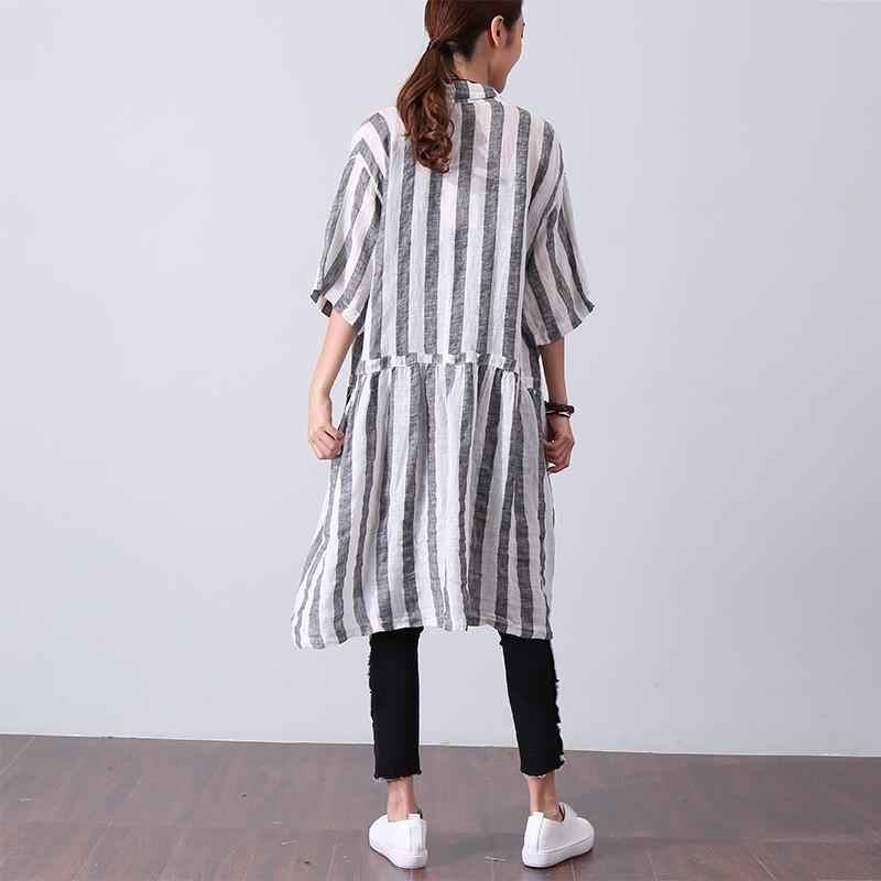 Women Casual Loose Stripe Short Sleeve Gray Shirt