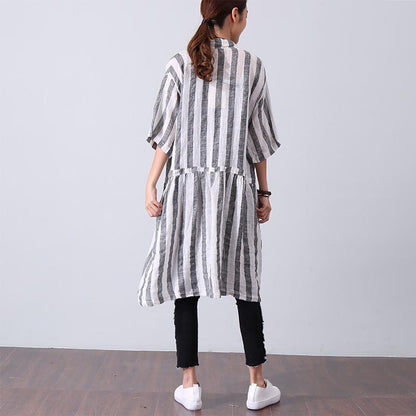 Women Casual Loose Stripe Short Sleeve Gray Shirt