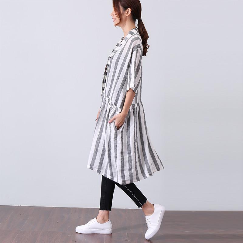 Women Casual Loose Stripe Short Sleeve Gray Shirt