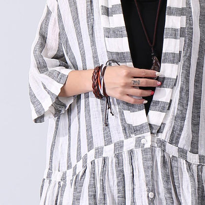 Women Casual Loose Stripe Short Sleeve Gray Shirt