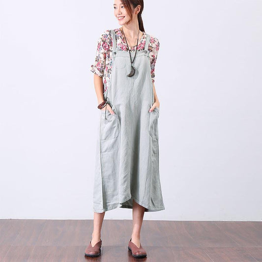 Preppy Chic Pocket Mid-calf Women Light Gray Suspender Skirt