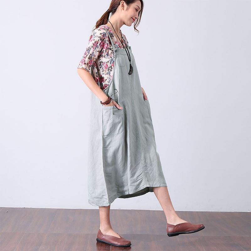 Preppy Chic Pocket Mid-calf Women Light Gray Suspender Skirt