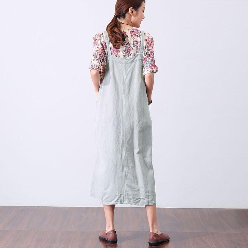 Preppy Chic Pocket Mid-calf Women Light Gray Suspender Skirt