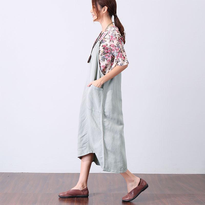 Preppy Chic Pocket Mid-calf Women Light Gray Suspender Skirt