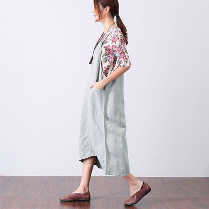 Preppy Chic Pocket Mid-calf Women Light Gray Suspender Skirt