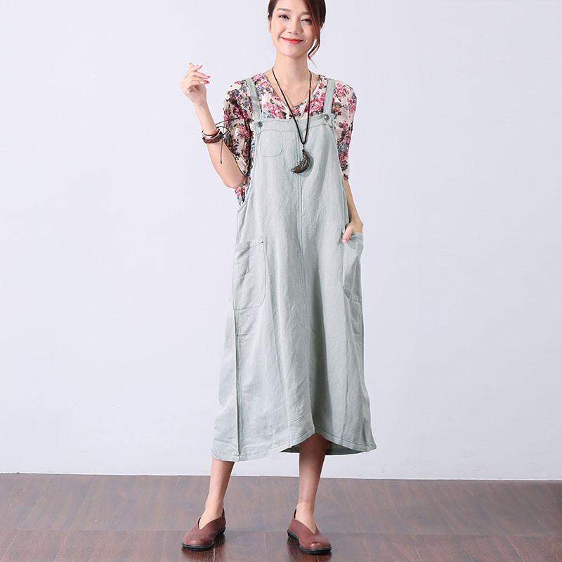 Preppy Chic Pocket Mid-calf Women Light Gray Suspender Skirt