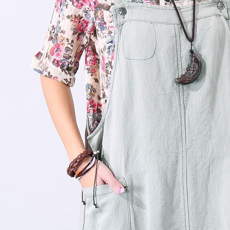 Preppy Chic Pocket Mid-calf Women Light Gray Suspender Skirt