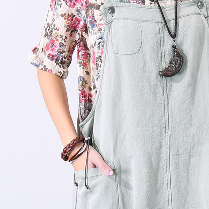Preppy Chic Pocket Mid-calf Women Light Gray Suspender Skirt