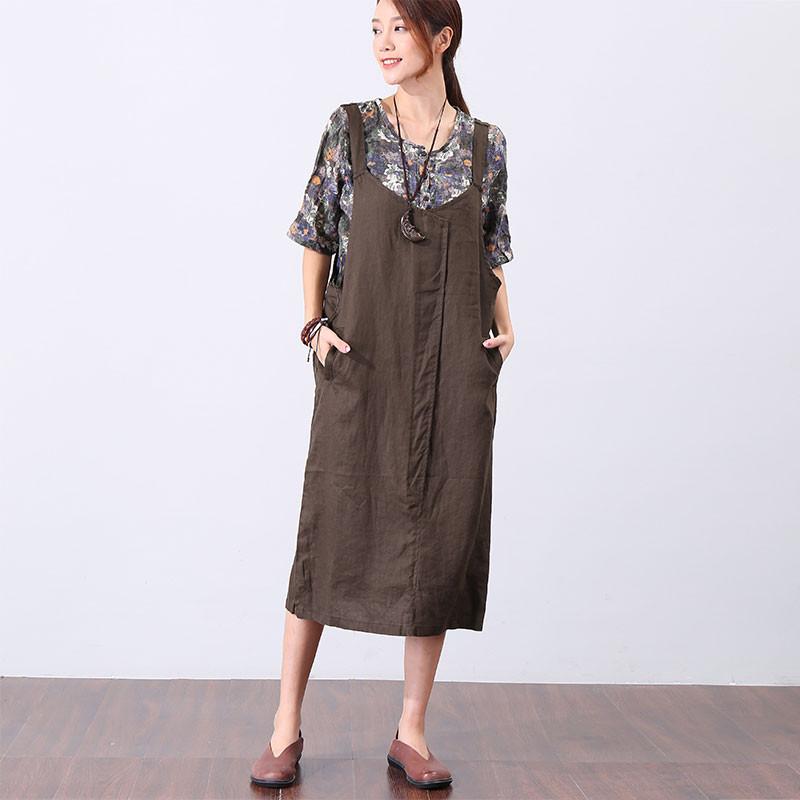 Casual Splicing Pocket Mid-calf Women Green Suspender Skirt