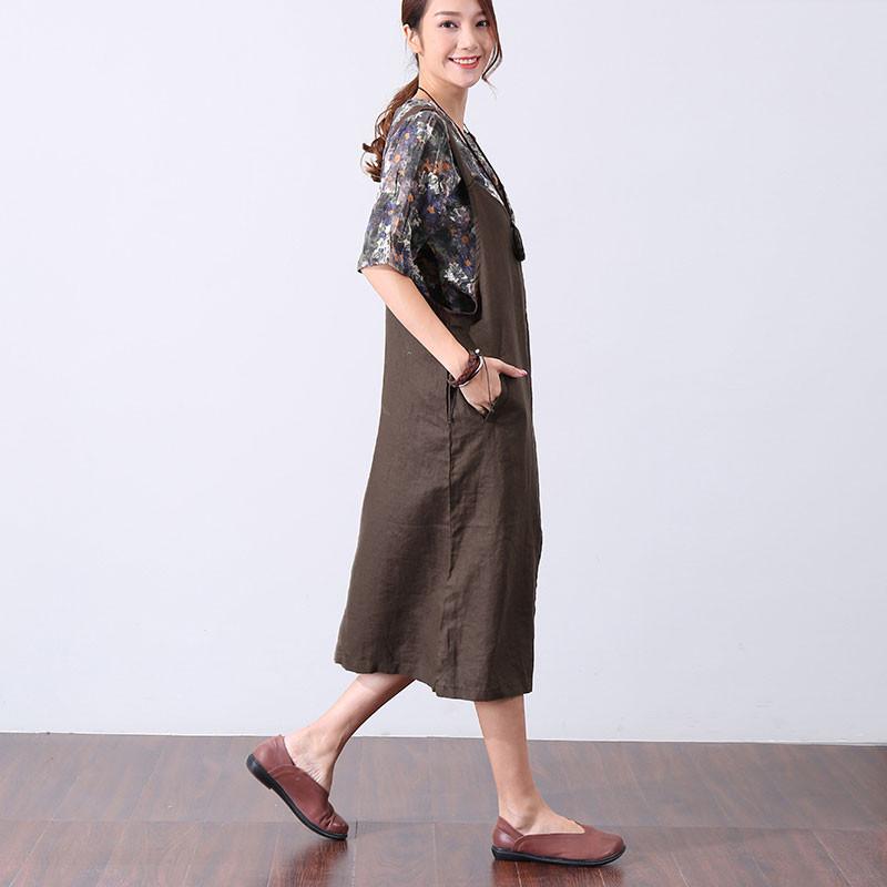 Casual Splicing Pocket Mid-calf Women Green Suspender Skirt